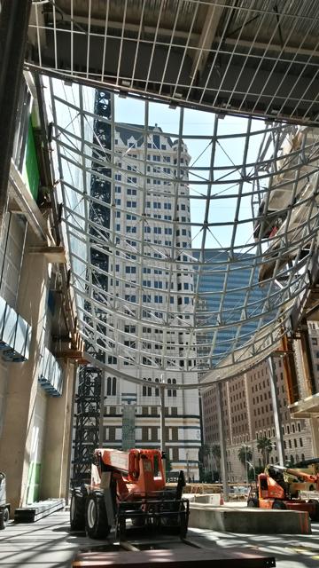 The open-roofed entrance hall to the Wilshire Grand Center is located across the street from the Red Line Metro Rail.  The canopy resembles a ski slope and will be filled with glass.