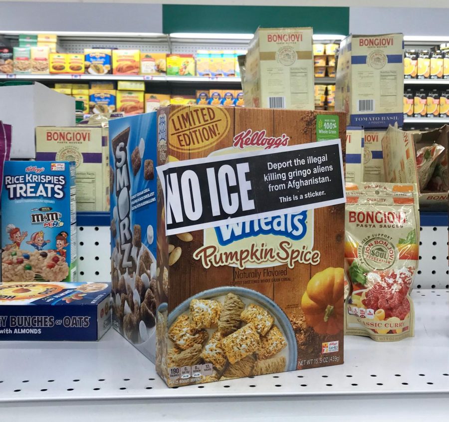 "No Ice" sticker found on a cereal box at the 99 cent store.